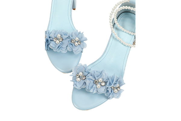 Women's Summer Blue Artificial Pearl Flower Decoration Open Toe Square Head Thick Heel Sandals Sweet Style