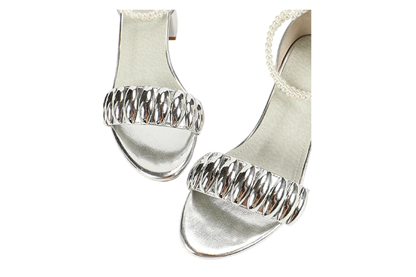 Women's Summer Silver Metallic Decoration Open Toe Round Head Thick Heel Sandals Fashion Style