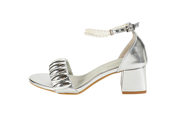 Women's Summer Silver Metallic Decoration Open Toe Round Head Thick Heel Sandals Fashion Style
