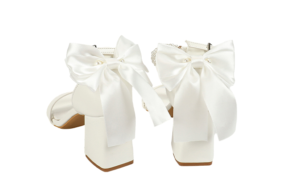Women's Summer White Bow Decoration Pearl Chain Open Toe Round Head Thick Heel Sandals Elegant Style