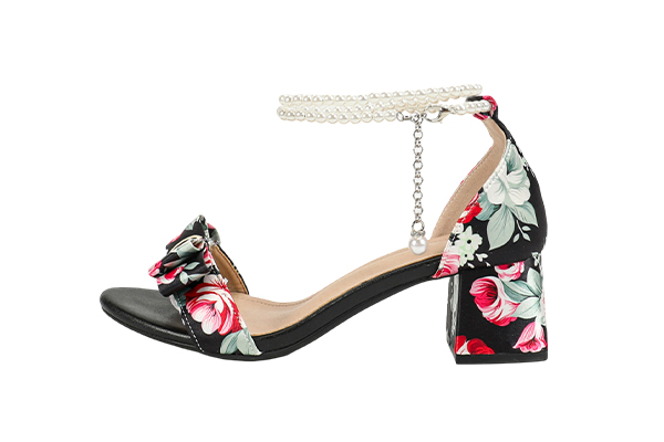 Women's Summer Black Printed Bow Decoration Open Toe Round Head Thick Heel Sandals Elegant Style