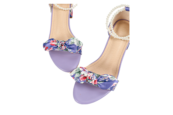 Women's Summer Purple Floral Bow Decoration Pearl Chain Open Toe Round Head Thick Heel Sandals Elegant Style