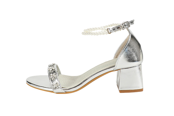 Women's Summer Silver Diamond Decoration Pearl Chain Open Toe Round Head Thick Heel Sandals Elegant Style