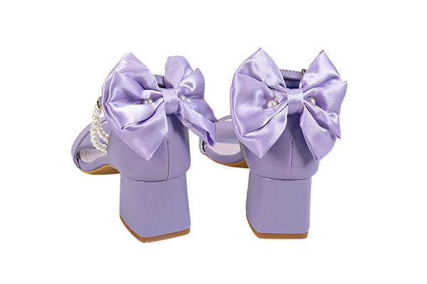 Women's Summer Purple Bow Decoration Pearl Chain Open Toe Round Head Thick Heel Sandals Elegant Style