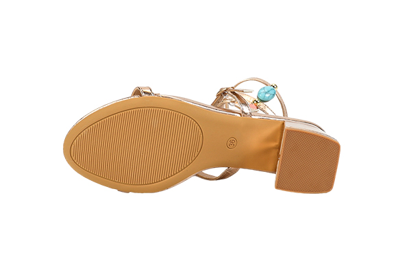 Women's Summer Gold Colored Gemstone Decoration Open Toe Round Head Thick Heel Sandals Fashion Style