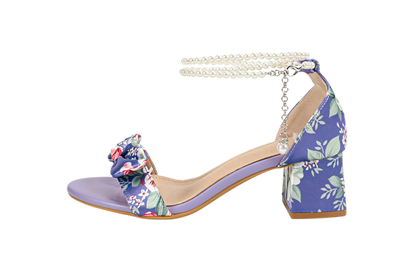 Women's Summer Purple Floral Bow Decoration Pearl Chain Open Toe Round Head Thick Heel Sandals Elegant Style
