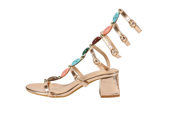 Women's Summer Gold Colored Gemstone Decoration Open Toe Round Head Thick Heel Sandals Fashion Style