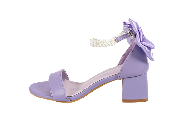 Women's Summer Purple Bow Decoration Pearl Chain Open Toe Round Head Thick Heel Sandals Elegant Style