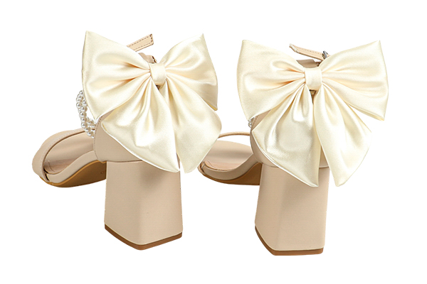 Women's Pearl Decoration Bowknot Thick Heel Sandals Elegant Summer Beige High Heel Sandals