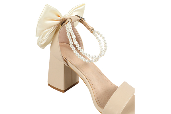 Women's Pearl Decoration Bowknot Thick Heel Sandals Elegant Summer Beige High Heel Sandals