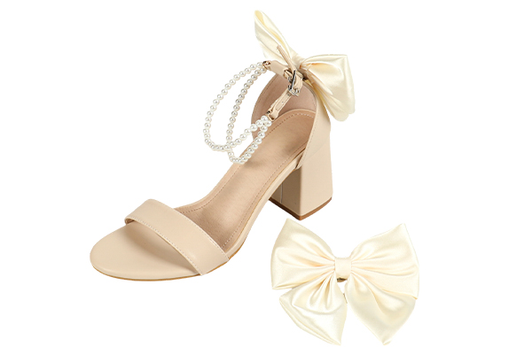 Women's Pearl Decoration Bowknot Thick Heel Sandals Elegant Summer Beige High Heel Sandals