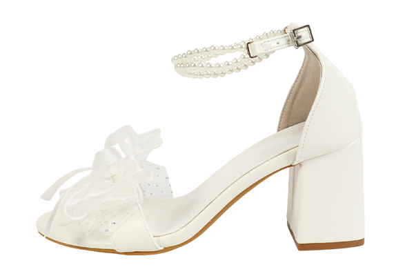 Women's Summer White Bow Decoration Open Toe Round Head Thick Heel Sandals Elegant Style