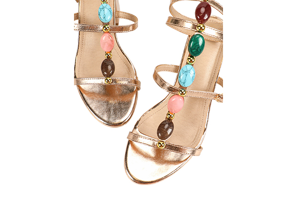 Women's Summer Gold Colored Gemstone Decoration Open Toe Round Head Thick Heel Sandals Fashion Style