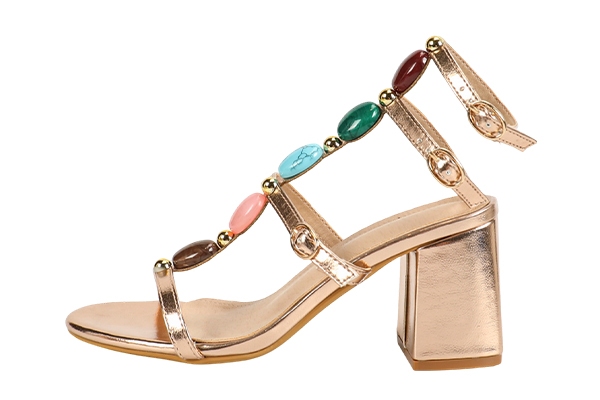 Women's Summer Gold Colored Gemstone Decoration Open Toe Round Head Thick Heel Sandals Fashion Style
