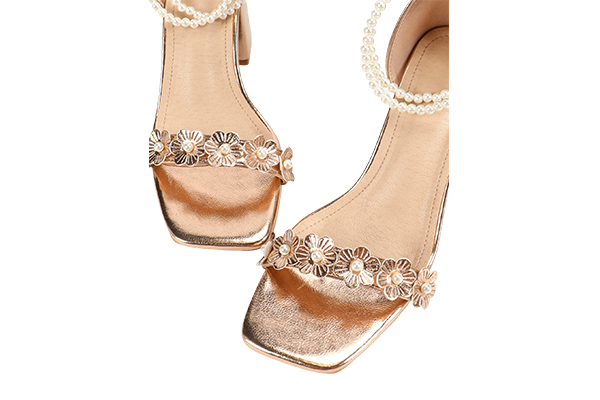Women's Summer Golden Flower Decoration Open Toe Square Head Thick Heel Sandals Fashion Style