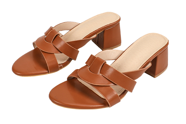 Women's Cross-Woven Chunky Heel Sandals Casual Style Summer Brown High Heel Slippers