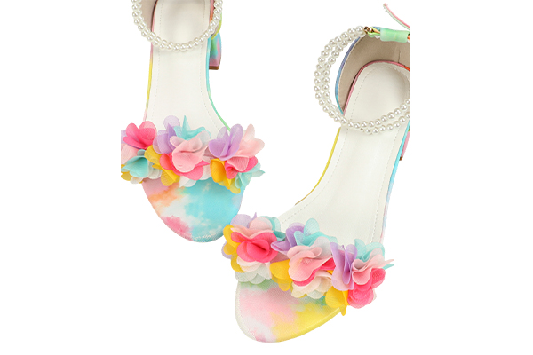 Women's Rainbow Flower Decoration Pearl Strap Chunky Heel Sandals Romantic Summer Colorful High Heel Sandals