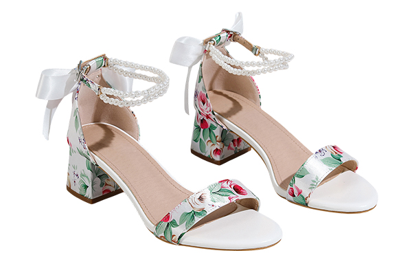 Women's Floral Print Pearl Bow Decoration Thick Heel Sandals Romantic Summer White High Heel Sandals