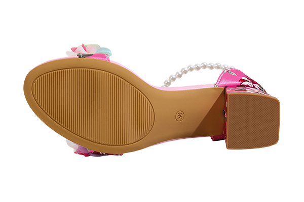 Women's Colorful Flower Decoration Pearl Strap Thick Heel Sandals Romantic Summer Pink High Heel Sandals