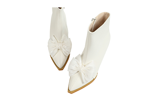 Women's Bow-decorated Side Zipper Thick Heel Square Toe Short Boots Elegant Style Autumn and Winter White Boots