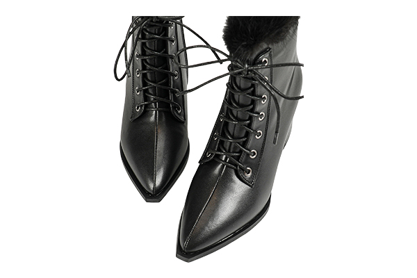Women's Plush Decorative Lace-up Side Zipper Thick Heel Pointed Toe Short Boots Warm Style Autumn and Winter Black Boots
