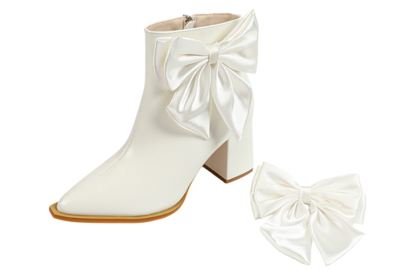 Women's Large Bow Decoration Side Zipper Thick Heel Pointed Toe Short Boots Elegant Style Autumn and Winter White Boots