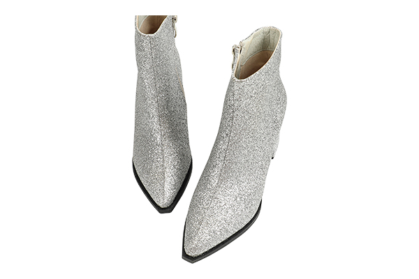 Women's Sequined Side Zipper Thick Heel Pointed Toe Ankle Boots Party Style Autumn and Winter Silver Boots