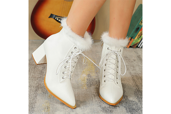 Women's Plush Edge Lace-up Thick Heel Pointed Toe Short Boots Warm Style Autumn and Winter White Boots